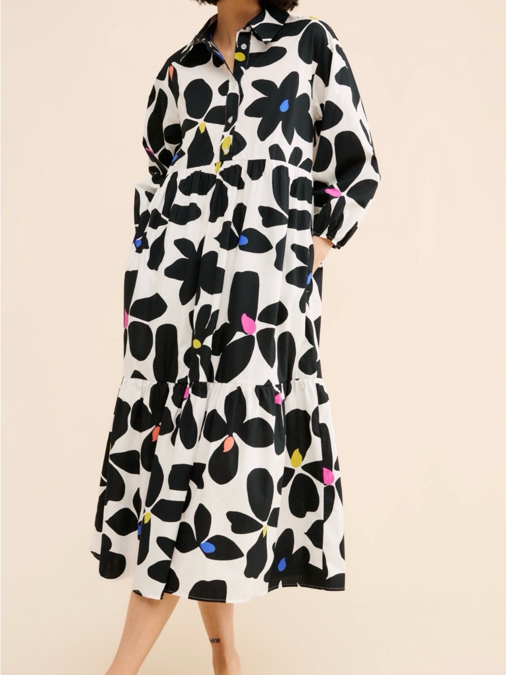 Anthropologie Maeve Bettina Tiered Shirt Dress in Washed Black Floral runs big